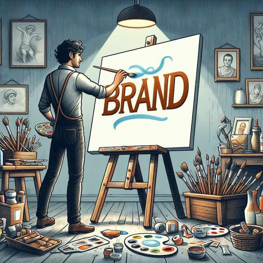 We see an artist, a painter painting a canvas in his studio, surrounded by paintings. On the canvas you can read the word BRAND